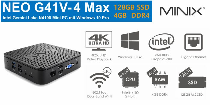 MiniX NEO G41V-4 Mini-PC 128GB SSD 4GB DDR4 RAM