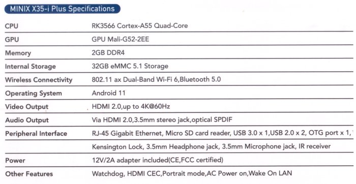 Specs MINIX X35-i Plus Android 11 Industrial Line SpecSheet