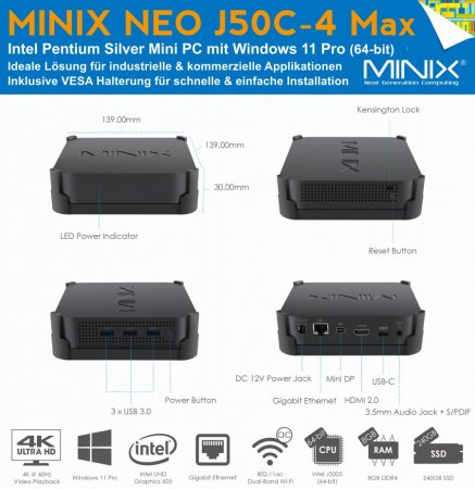 MiniX NEO J50C-4 Max Mini-PC, 240GB SSD, 8GB RAM, Win 11 Pro