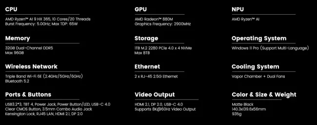 MiniX Elite ER936-AI Mini PC, 1TB SSD, 32GB DDR5 RAM, 10-Core AMD Ryzen AI 9 HX 365, Win 11 Pro
