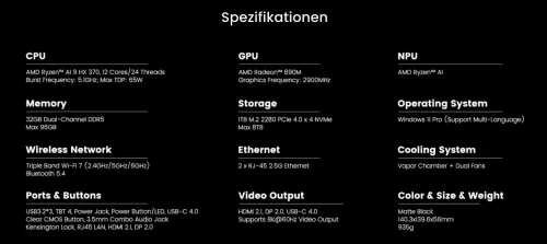 MiniX Elite ER937-AI Mini PC, 1TB SSD, 32GB DDR5 RAM, 12-Core AMD Ryzen AI 9 HX 370, Win 11 Pro