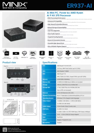MiniX Elite ER937-AI Mini PC, 1TB SSD, 32GB DDR5 RAM, 12-Core AMD Ryzen AI 9 HX 370, Win 11 Pro