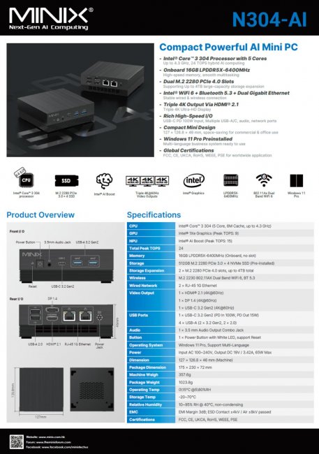 MiniX N304-AI Mini PC, 512GB SSD, 16GB DDR5 RAM, Intel Core 3 304 CPU, Intel 1Xe Graphics, 24 TOPS, Win 11 Pro
