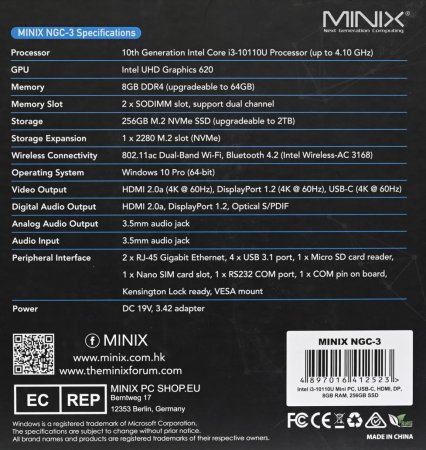 MiniX NGC-3 Mini-PC, 256GB SSD, 8GB RAM, Win 10 Pro