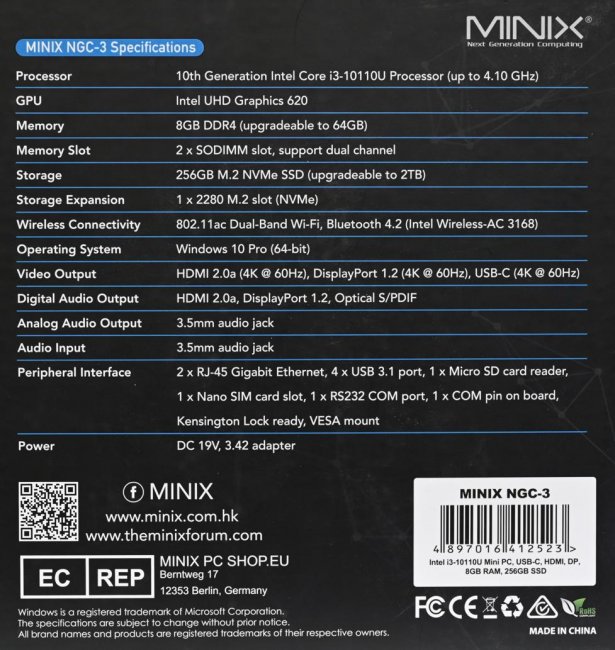 MiniX NGC-3 Mini-PC, 256GB SSD, 8GB RAM, Win 10 Pro