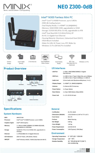 MiniX Z300-0dB, 512GB SSD, 16GB RAM, Intel Core i3-N300, lüfterloser Mini-PC, Win 11 Pro