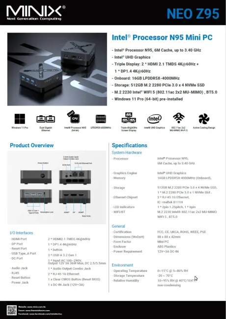 MiniX NEO Z95, 512GB SSD, 16GB RAM, Intel N95 Mini-PC, Win 11 Pro