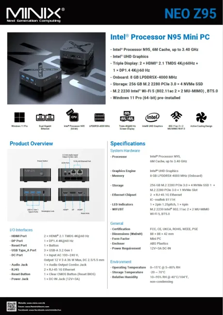 MiniX NEO Z95, 256GB SSD, 8GB RAM, Intel N95 Mini-PC, Win 11 Pro