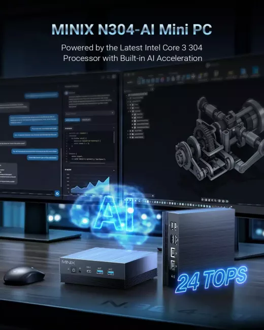 MiniX N304-AI Mini PC, 512GB SSD, 16GB DDR5 RAM, Intel Core 3 304 CPU, Intel 1Xe Graphics, 24 TOPS, Win 11 Pro