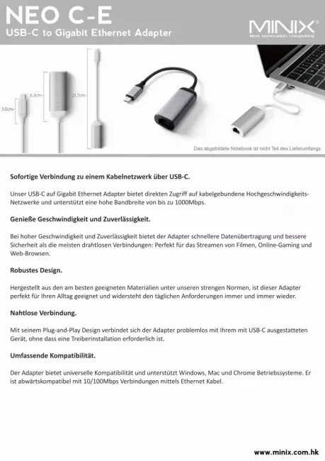 Preview: Datenblatt MINIX NEO C-E, USB-C Gigabit Ethernet Adapter