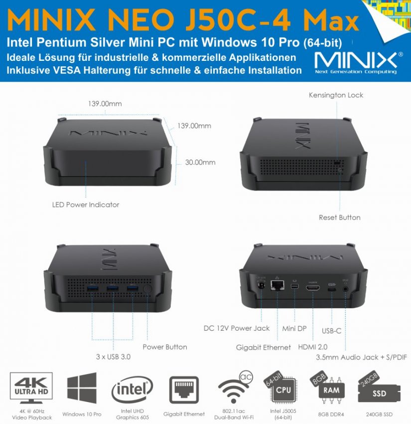 MiniX NEO J50C-4 Max Mini-PC, 240GB SSD, 8GB RAM, Win 10 Pro Flyer