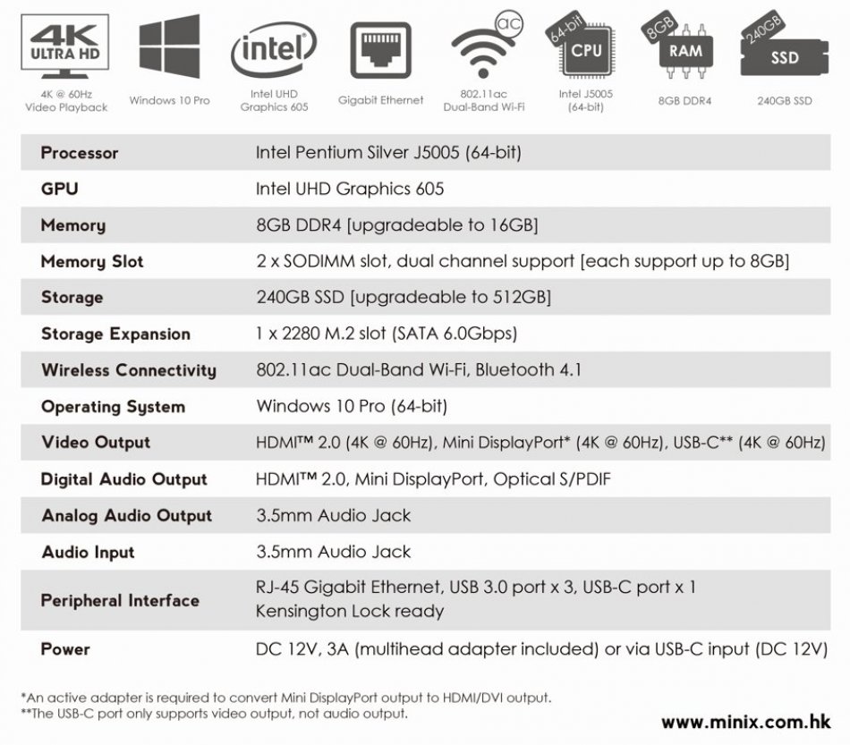 MiniX NEO J50C-4 Max Mini-PC, 240GB SSD, 8GB RAM, Win 10 Pro Specs