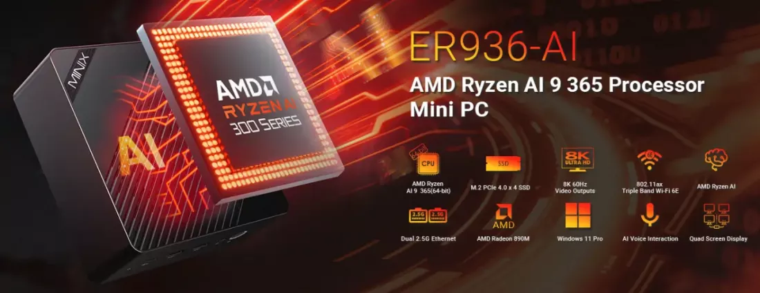 MiniX Elite ER936-AI Mini PC, 1TB SSD, 32GB DDR5 RAM, 10-Core AMD Ryzen AI 9 HX 365, Win 11 Pro