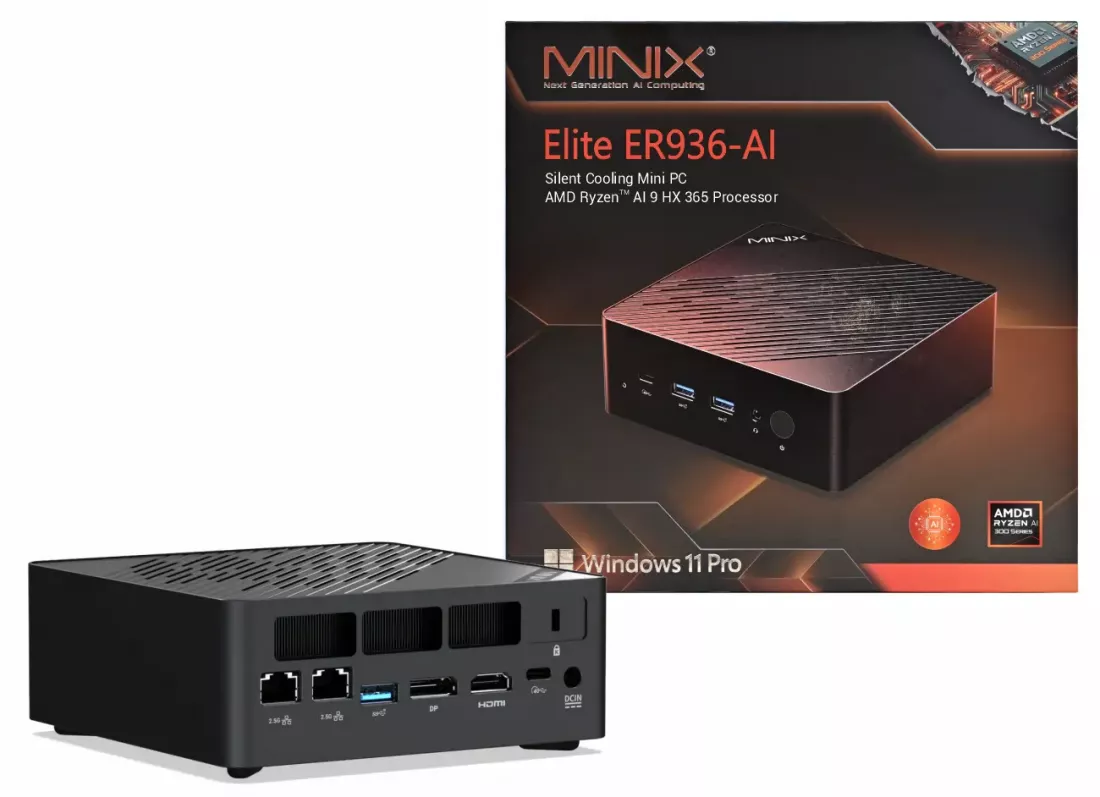MiniX Elite ER936-AI Mini PC, 1TB SSD, 32GB DDR5 RAM, 10-Core AMD Ryzen AI 9 HX 365, Win 11 Pro