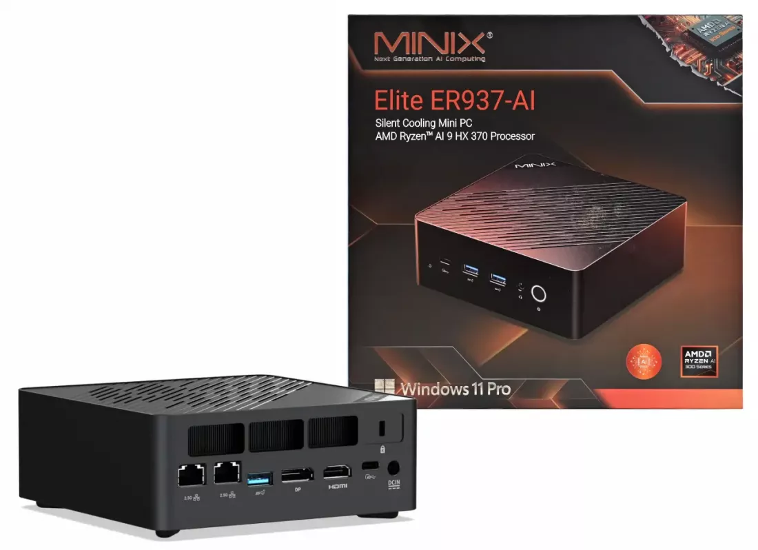MiniX Elite ER937-AI Mini PC, 1TB SSD, 32GB DDR5 RAM, 12-Core AMD Ryzen AI 9 HX 370, Win 11 Pro