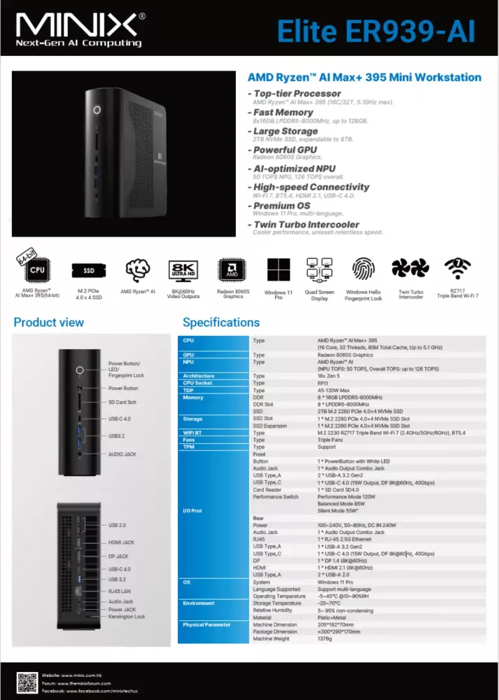 MiniX Elite ER939-AI Mini Workstation, 2TB SSD, 128GB DDR5 RAM, 16-Core AMD Ryzen AI Max+ 395, Win 11 Pro