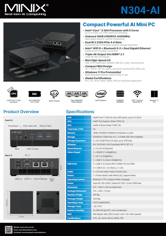 MiniX N304-AI Mini PC, 512GB SSD, 16GB DDR5 RAM, Intel Core 3 304 CPU, Intel 1Xe Graphics, 24 TOPS, Win 11 Pro