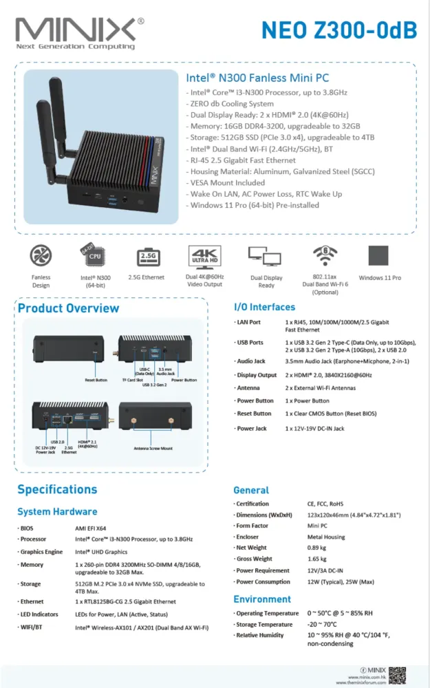 MiniX Z300-0dB, 512GB SSD, 16GB RAM, Intel Core i3-N300, lüfterloser Mini-PC, Win 11 Pro