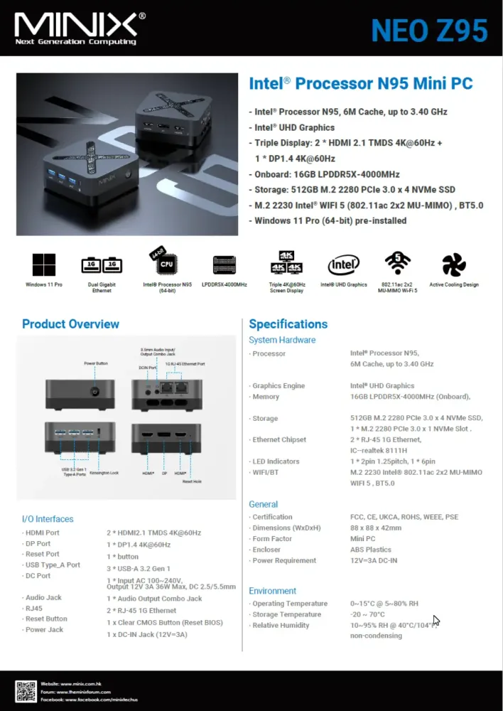 MiniX NEO Z95, 512GB SSD, 16GB RAM, Intel N95 Mini-PC, Win 11 Pro