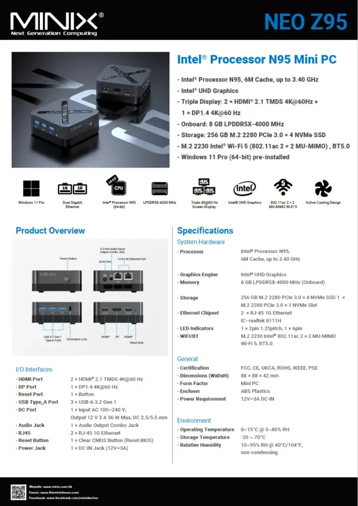MiniX NEO Z95, 256GB SSD, 8GB RAM, Intel N95 Mini-PC, Win 11 Pro