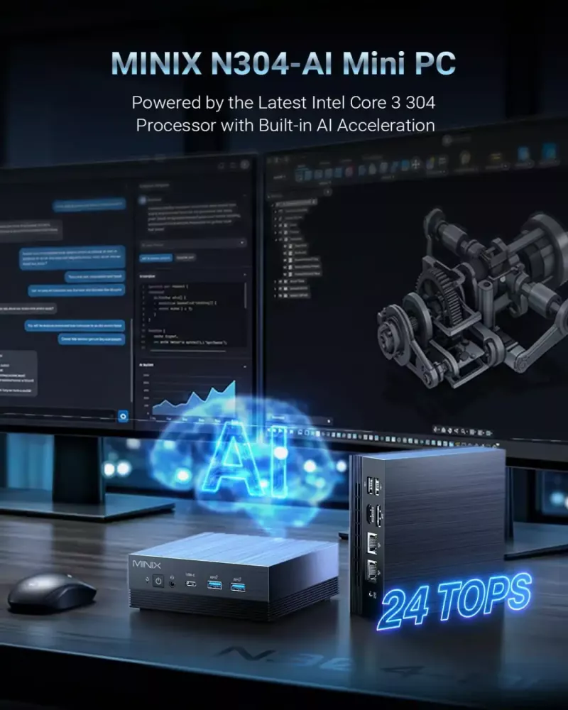 MiniX N304-AI Mini PC, 512GB SSD, 16GB DDR5 RAM, Intel Core 3 304 CPU, Intel 1Xe Graphics, 24 TOPS, Win 11 Pro