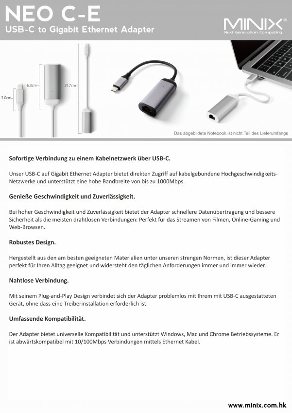 Datenblatt MINIX NEO C-E, USB-C Gigabit Ethernet Adapter